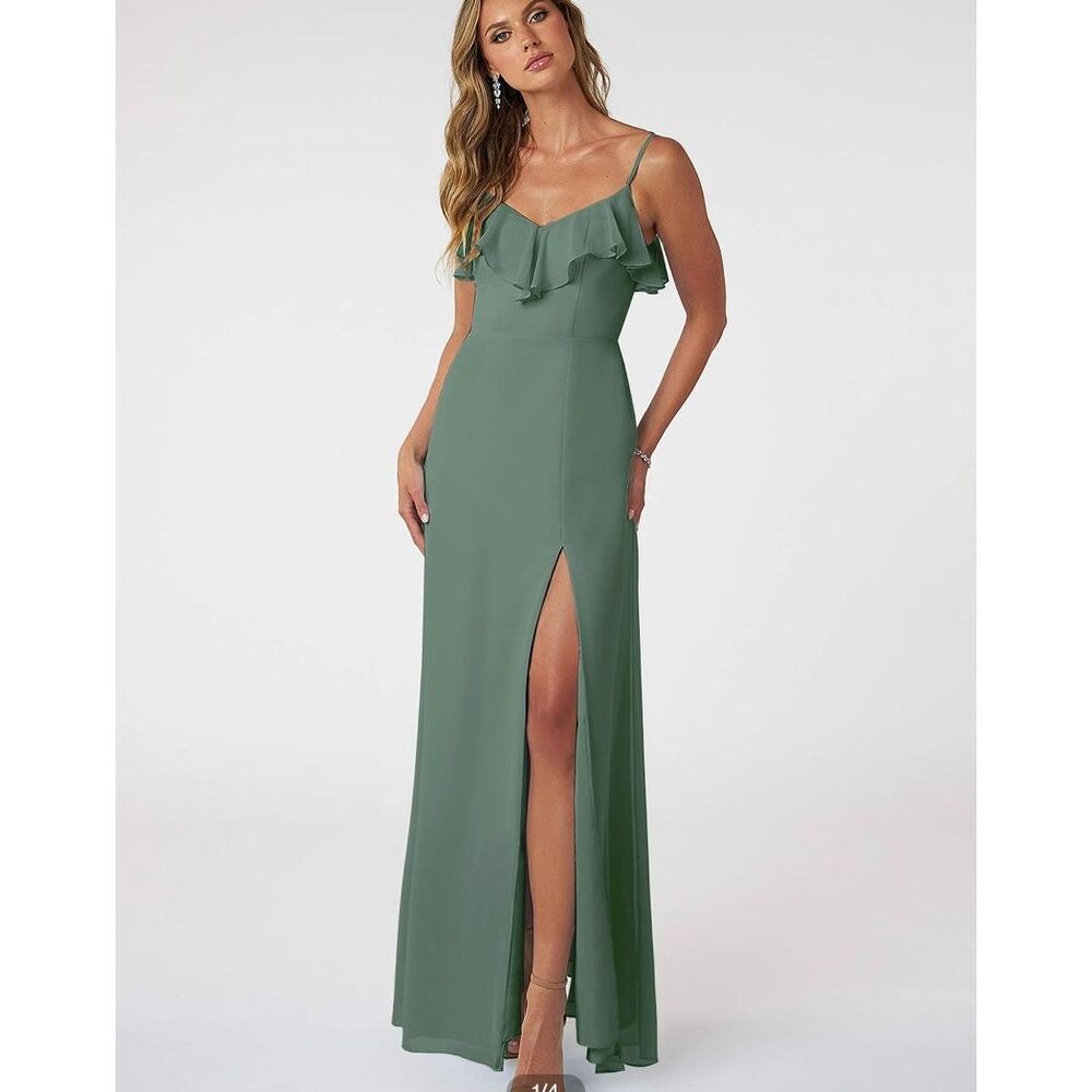 NWT Azazie Natalia Evening Gown
Bridesmaid Dress Ruffle Slit Eucalyptus
Women A8